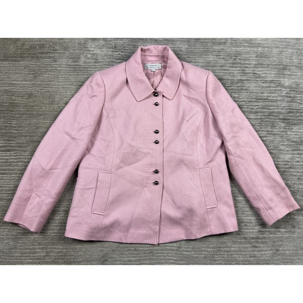 Tahari Arthur S Levine Blazer Womens 14W Pink Lined‎ Padded Wool Blend Career